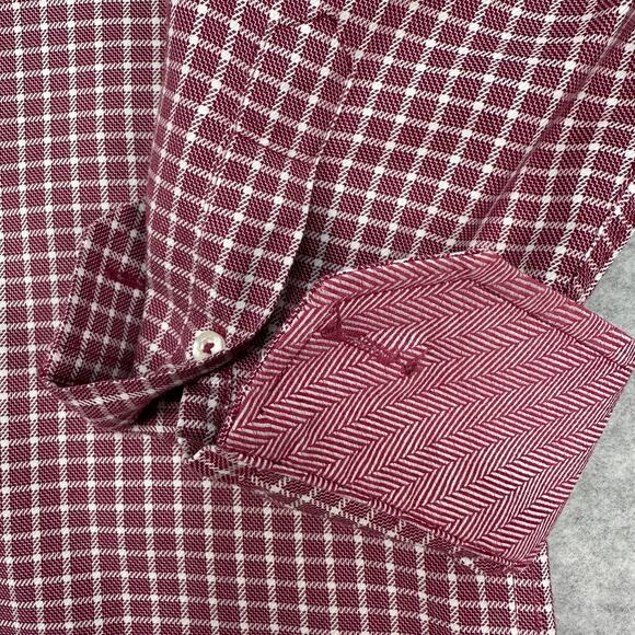 Johnston & Murphy Shirt Mens L Burgundy White Checkered Herringbone Long Sleeve - Picture 2 of 8